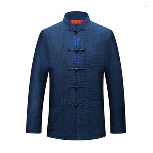 Herenjacks Oosterse stijl Men Red Blue Tang Suit met Chinees Probleem Borduurwerkontwerp Mandarijn Kraagjas Retro -outfits