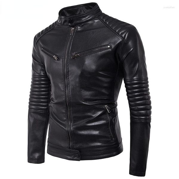 Chaquetas de hombre de talla grande, chaqueta de cuero PU para hombre, cuello levantado, motociclista, prendas de vestir informales de otoño, abrigo con cremallera negra