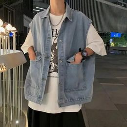 Herenjassen Oversized blauw denim vest voor heren Vintage Koreaans mouwloos Basic Harajuku Tanktop jeansjack