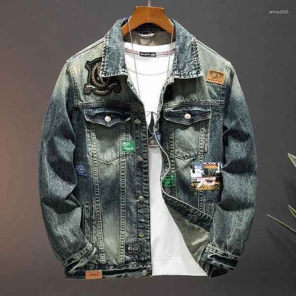 Vestes pour hommes Pâte tissu broderie moto denim veste haute rue rétro lâche et beaux vêtements de mode