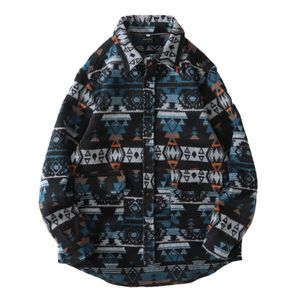 Herenjassen Patchwork Kleur Azteeks Retro Geometrisch Patroon Mannen Overhemd Dik Casual Baggy Grote Zakken Harajuku High Street Herfst Streetwear 231011