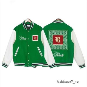 Herenjassen Patchwork Groen Rhude Bomberjack Borduren Rode Bloem Leren mouw Ronde hals Jas Heren Dames Varsity Baseball Jack 472 518