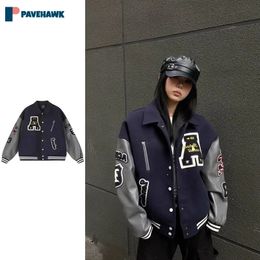 Herenjassen Patchwork Baseballjack met leren mouwen Man Hop Hip Letter Massaal Borduren Bomberjack Dames Casual Losse Varsity-jassen 231219