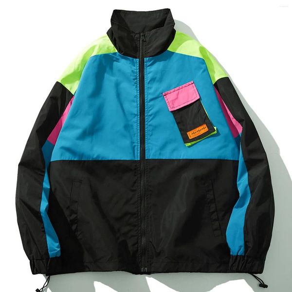 Jackets para hombres Patchwork Windbreaker Men Haruku Algodón Hip Hop Color reloj Masculino