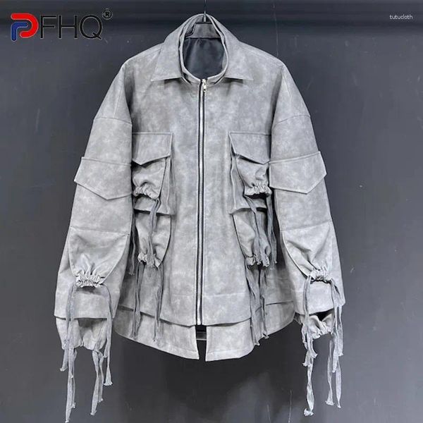 Chaquetas para hombres pfhq suelto de motos americanos americanos guapos put string diseño de personalidad soporte de collar marea otoño 21z4257