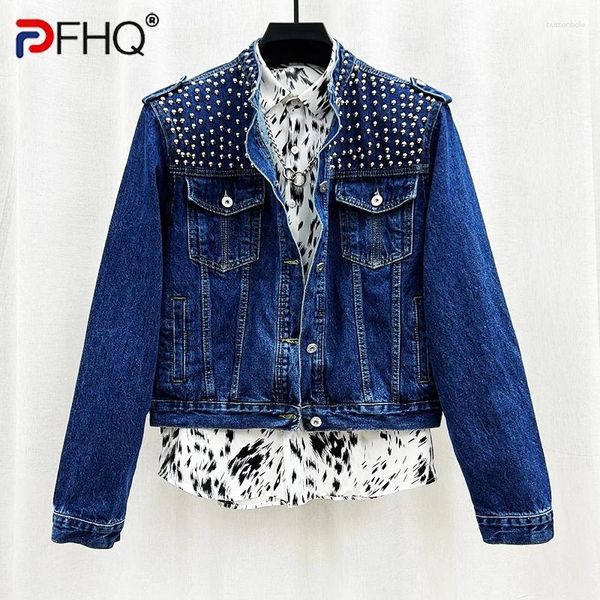 Chaquetas para hombres PFHQ Personalizado Diseño de servicio pesado Remache Bead Denim Coat Trendy Loose Short Stand Cuello Color Sólido Otoño 21Z2348