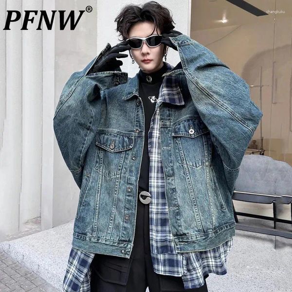 Vestes pour hommes PFNW Denim Niche Design Patchwork Plaid contraste couleur col rabattu mâle manteaux courts personnalité 9C4762