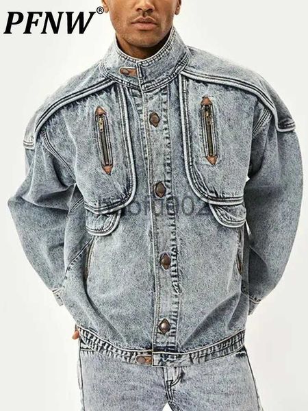 Vestes pour hommes PFNW New Vintage Denim Vestes Hommes Slim Solid Casual Jean Manteau De Mode Col Montant Moto Biker High Street Tide Outwears 12A5983 J230724