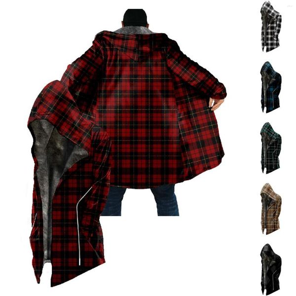 Chaquetas para hombres Abrigo a cuadros Hombres Etiqueta de campo para hombre Simple Plus Terciopelo Mediano a largo Chaqueta gruesa Fleece Luz pesada con capucha