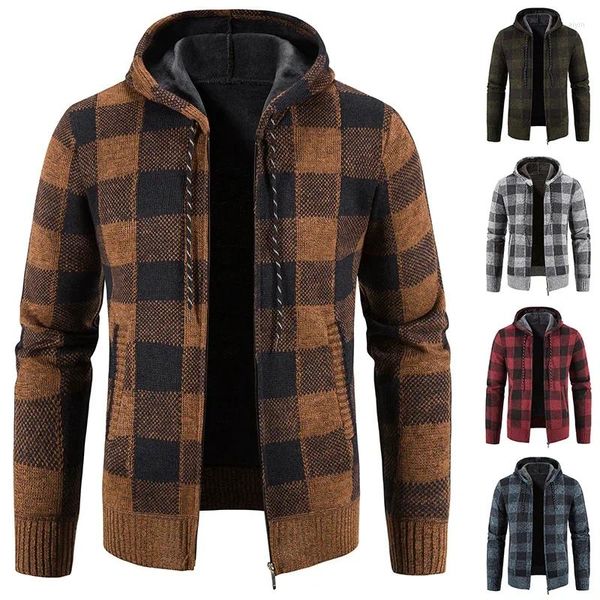 Chaquetas para hombres Chaqueta a cuadros Suéter con capucha Otoño e invierno Polar básico Espesado Lana cálida Moda Ropa casual Abrigo frío