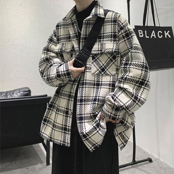 Chaquetas para hombres chaqueta de lana a cuadros tendencia de primavera/otoño ins.se informal suelta la versión coreana de la camisa de manga larga al estilo Harajuku