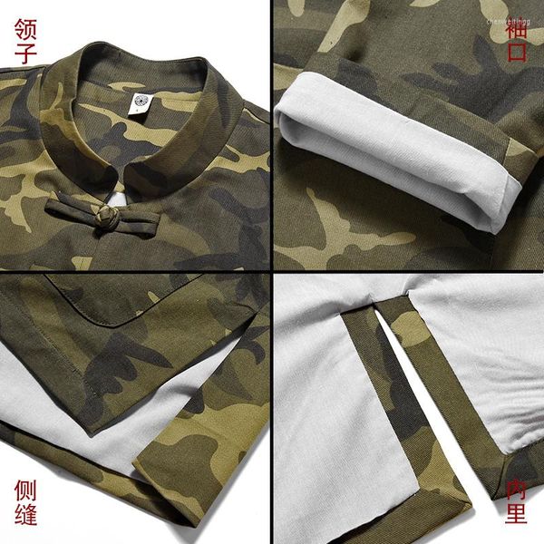 Chaquetas para hombres más tamaño de estilo chino chaqueta de camuflaje de longitud media primavera otoño hebilla Tang traje hombres ropa Tai Chi Hanfu masculino