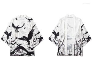 Herenjacks Print Crow Bird Mens Raven Japanse Kimono Cardigan Jacket Tops Shirts Streetwear Hip Hop Casual Loose Coats