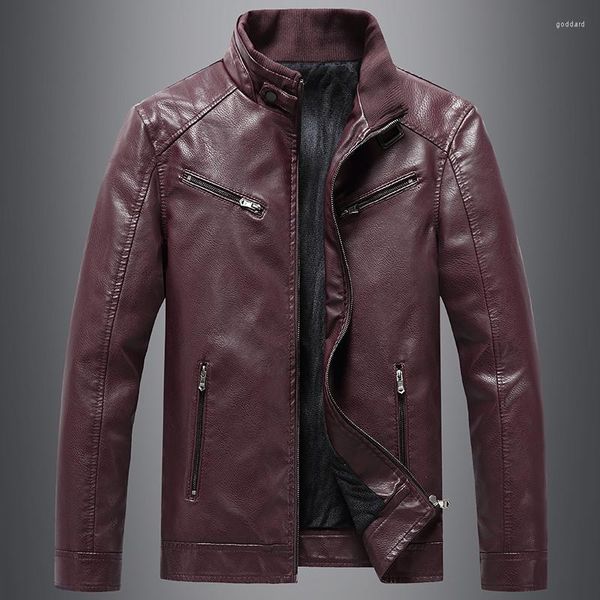 Vestes pour hommes veste en cuir PU automne hiver polaire fermeture éclair manteau de moto couleur unie Vintage hommes épaissir chaud bombardier