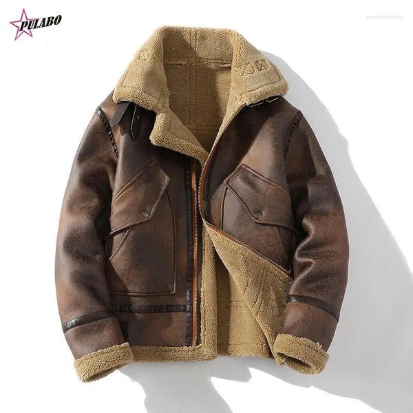 Chaquetas para hombres PULABO Hombres de alta calidad Chaqueta gruesa de cuero de gamuza de invierno Outwear Outwear Patchwork Faux Cordero Abrigo de piel de lana más Tamaño M-5XL