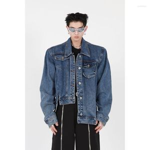 Mannen Jassen Punk Cool Denim Jas Mannen Onregelmatige Ontwerp Schouderstuk Jeans Jas Unisex High-end Trendy Knop korte Top Mannelijke Bomber