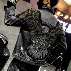 Vestes pour hommes de style punk aigle brodé de patch brodé jean homme denim streetwear slim noir