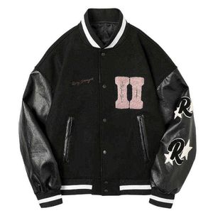 Herenjacks Qiqichen Men Oversized Varsity Jacket Hip Hop Letter Borduurwerk Autumn College Bomber Jackets Women Pu Leather Splicing Coat Nieuw T220914