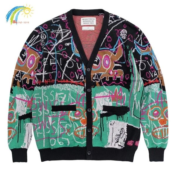 Vestes pour hommes Qualité V Col Tricoté Cardigan Hommes Femmes Hip Hop Plein Graffiti Jacquard Couleur Correspondant Wacko Maria Pull Manteau avec étiquette 231101