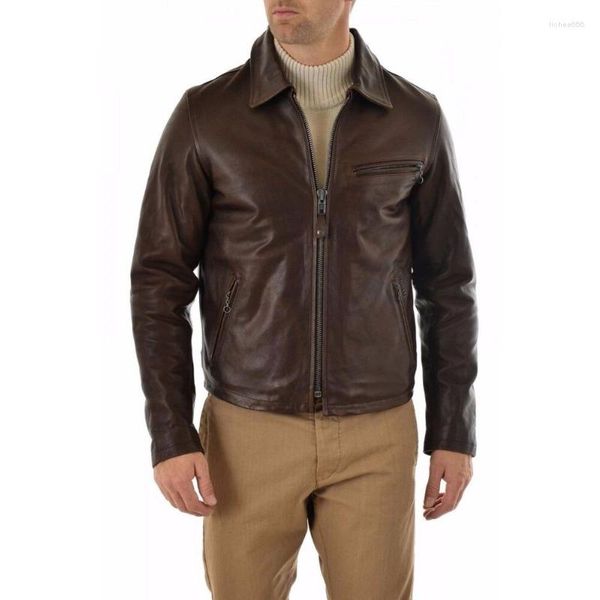 Vestes pour hommes en cuir véritable classique veste marron en peau d'agneau souple rétro