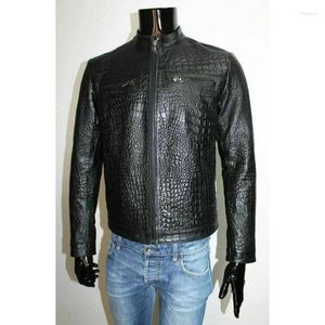 Vestes pour hommes veste en cuir véritable imprimé crocodile en relief motard moto noir