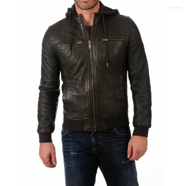 Vestes pour hommes Blouson aviateur à capuche en cuir véritable (tailles régulières et grandes) Tendance de la mode