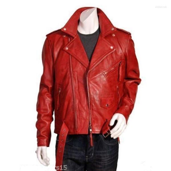 Chaquetas De Hombre Chaqueta De Cuero Real Roja Elegante Motorista Slim Fit Tendencias De Moda Europeas Y Americanas