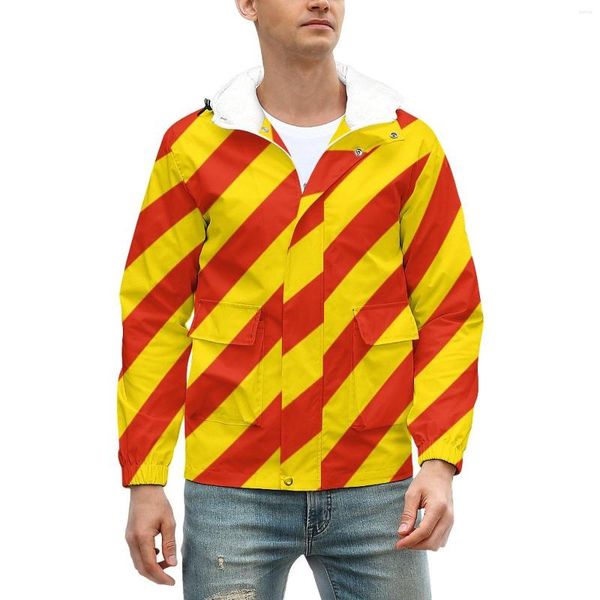 Vestes pour hommes Imprimé rayé rouge Drapeau national chaud Manteaux d'hiver imperméables Veste décontractée esthétique Conception Coupe-vent surdimensionné en vrac