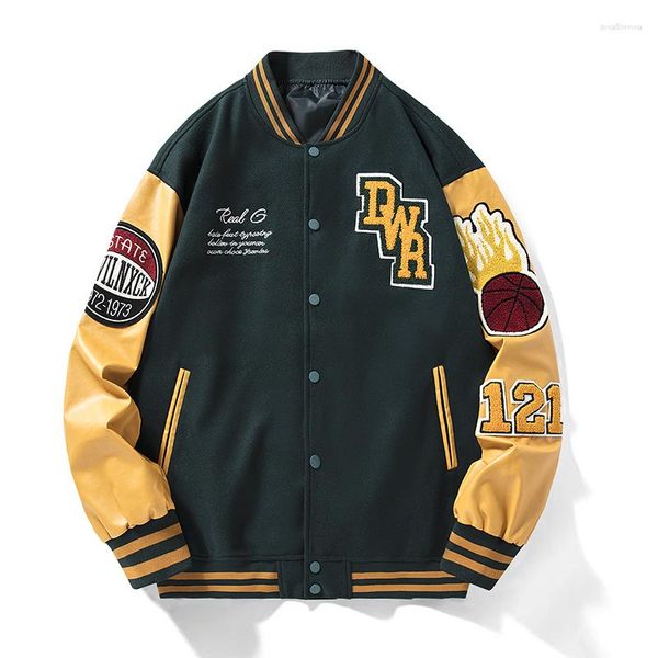 Vestes pour hommes Renyadao Black Bomber Veste irlandaise en laine Varsity avec manches en cuir Unisexe Femmes / Mens Letterman Baseball Coat