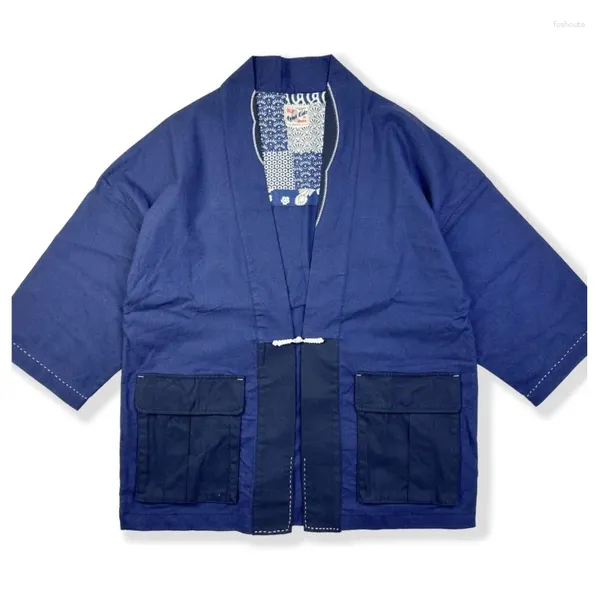 Chaquetas para hombre Retro Azul Teñido Algodón y lino Manga 3/4 Túnica Abrigo holgado Moda Casual