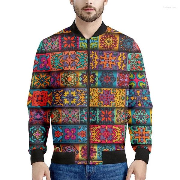 Chaquetas para hombres Retro Bohemio 3D Chaqueta impresa Hombres Colorido Étnico Floral Sudaderas Mangas largas Primavera Otoño Bomber Cremallera Abrigos Tops