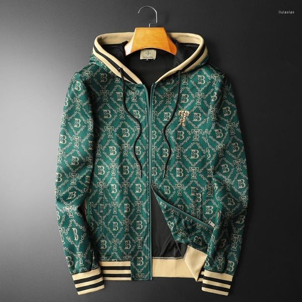 Chaquetas para hombres Impresión de letras retro para hombre chaqueta con capucha color contraste clásico diseñador de moda bombardero hombres fiesta club traje verde