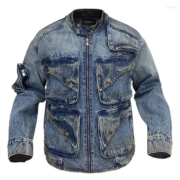 Chaquetas para hombres retro platado lodo amarillo chaqueta de mezclilla lavada hombres múltiples bolsillos estilo locomotor jeans de carga jeans