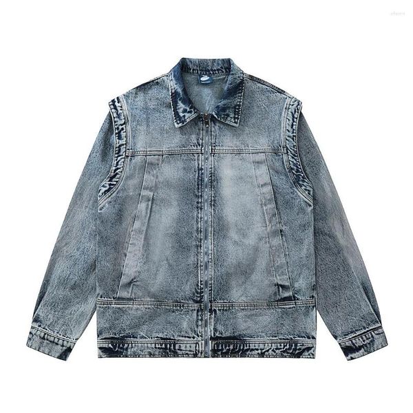 Vestes pour hommes rétro lavé lâche fermeture éclair veste en jean streetwear patchwork cowboy design décontracté jean manteau haut mâle