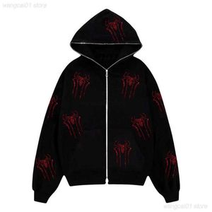 Hommes Vestes Strass Rouge Araignée Imprimer Y2k Femmes Zip Up Long Seve Surdimensionné Noir À Capuche 2022 Nouveau Gothique Punk Mode Casual Sweats 1117H22