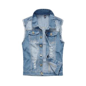 Herenjacks scheurden Jean Jacket Sky Blue Denim Vest Hip Hop Coats Waistcoat Cowboy Brand Mouwloze mannelijke tank plus maat 6xl