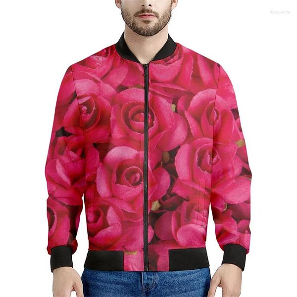 Chaquetas para hombres Flor de rosa Chaqueta de bombardero impresa en 3D Primavera Otoño Sudadera gráfica floral Tops de mujer Calle Manga larga Abrigo con cremallera