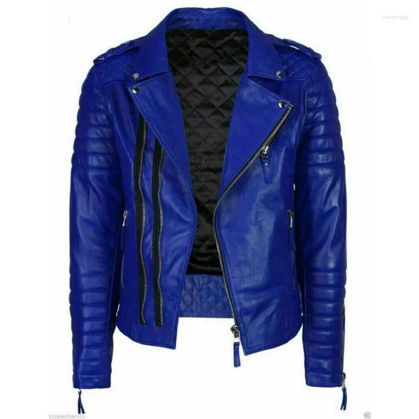 Chaquetas de hombre Chaqueta motera de piel de cordero natural azul real Moto