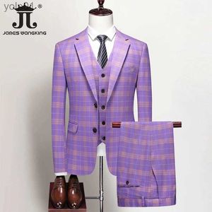 Chaquetas para hombres S-5XL (Blazer + Chaleco + Pantalones) Boutique Estilo británico Traje para hombre Vestido de novia a cuadros para novio Trajes formales informales de negocios 3 piezas SetL231115