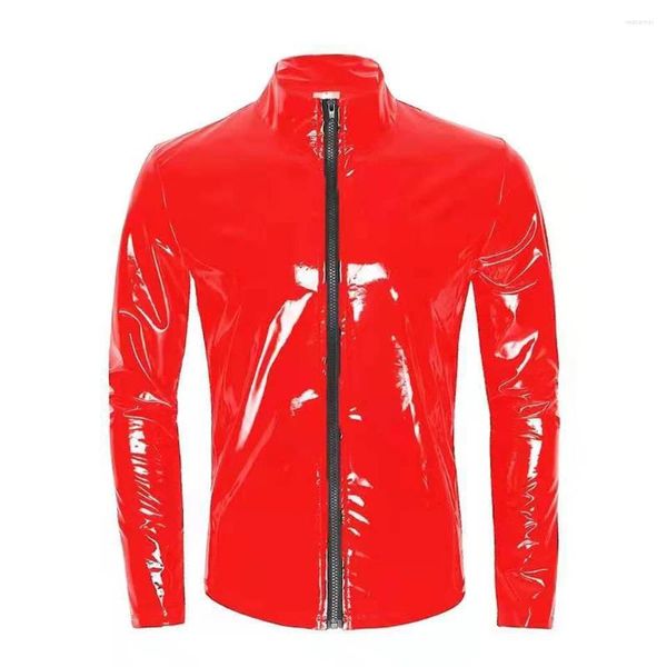 Chaquetas para hombres S-7XL Manga larga Tops de cuero para hombre PVC Chaqueta de imitación Brillante Apretado Cortavientos CasualT Shirt Abrigo de patente de alto brillo