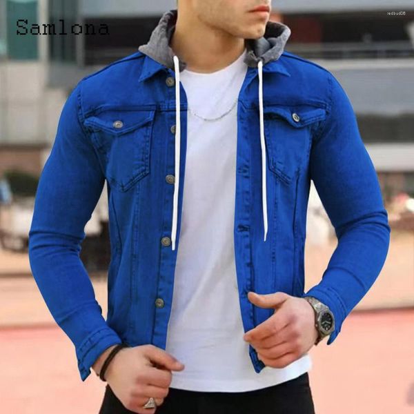 Chaquetas para hombres Samlona Tallas grandes Hombres Denim Moda para hombre con capucha Jean Chaqueta Invierno Abrigos cálidos Soporte masculino Bolsillos Tops Ropa exterior