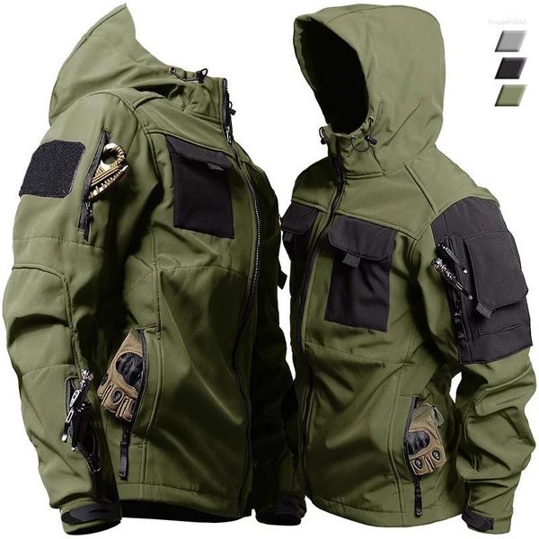 Chaquetas para hombres Piel de tiburón Hombres tácticos Militar Soft Shell Impermeable A prueba de viento Chaqueta con capucha Uniformes funcionales al aire libre Multibolsillos