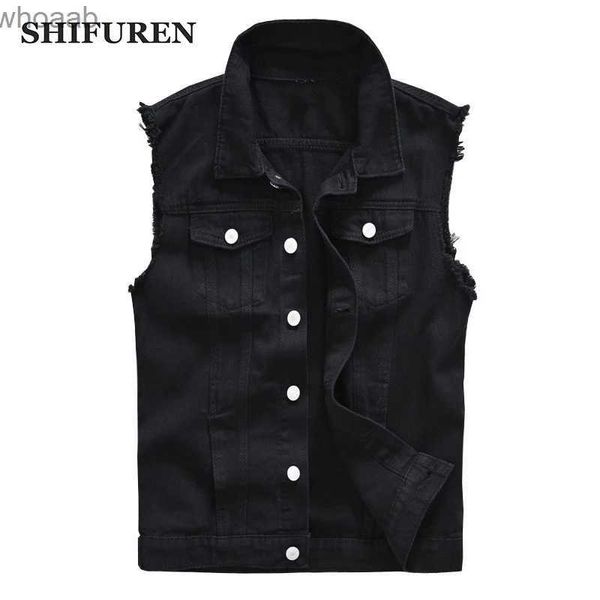 Chaquetas para hombres SHIFUREN Hombres Algodón Ripped Jeans Chaqueta sin mangas Chaleco de mezclilla negro Chaleco de vaquero lavado de un solo pecho Hip Hop YQ231207