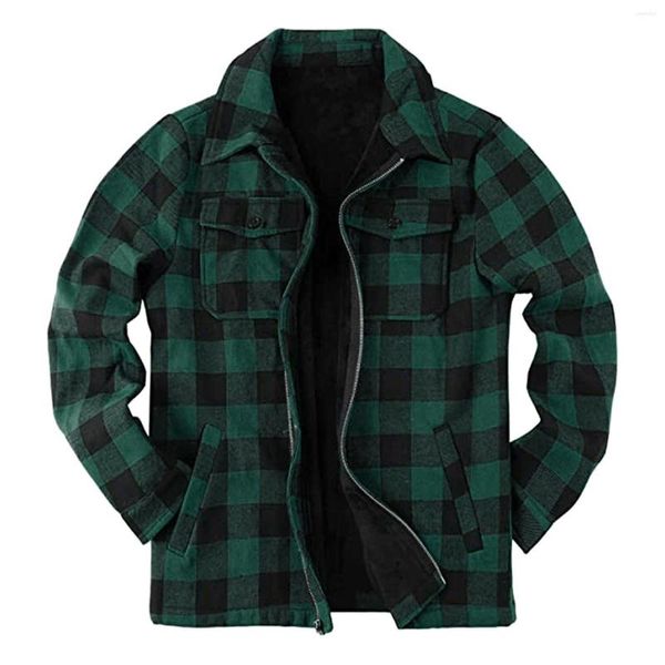 Vestes pour hommes chemise veste hommes automne et hiver mode décontracté ponçage Plaid poche velours fermeture éclair Composite Olive à capuche hommes