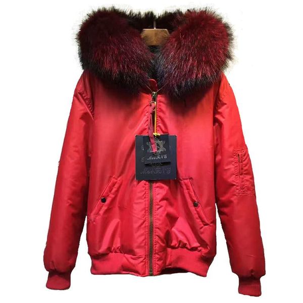 Chaquetas para hombre Chaqueta roja de estilo corto Color vino Elegengt Cuello de piel de mapache real Uniforme de béisbol Respetuoso con el medio ambiente Faux Liner