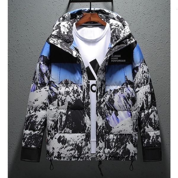 Chaquetas para hombres Snow Mountain Print Down Acolchado Moda para hombre Al aire libre Suelto Grueso Abrigo de algodón cálido Invierno con capucha 230325