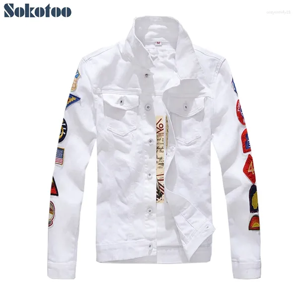 Chaquetas para hombres Sokotoo Parches Diseño Slim Fit Chaqueta de mezclilla Blanco Ejército Verde Patchwork Abrigo Ropa de abrigo para hombre