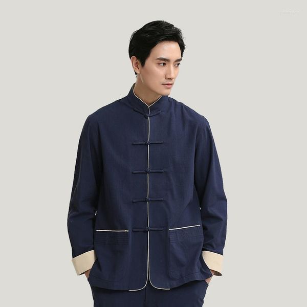 Vestes pour hommes solide Style conventionnel chinois à manches longues hommes col Mandarin coton lin veste manteau à manches longues Vintage