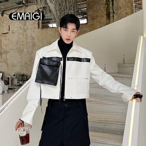 Vestes pour hommes Splice cuir veste de poche détachable hommes coréen streetwear mode lâche casual vintage court modèle masculin manteau