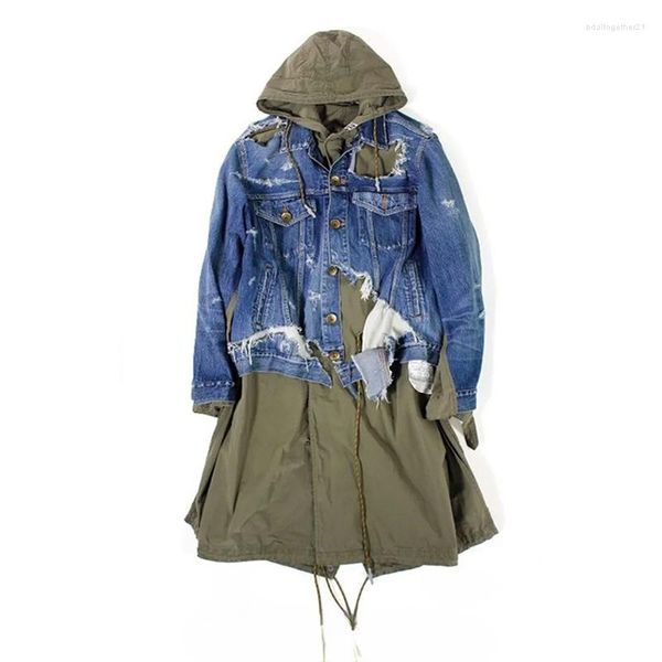 Vestes pour hommes printemps et automne concepteur détruit denim couture armée vert vent manteau femmes même personnalité tendance